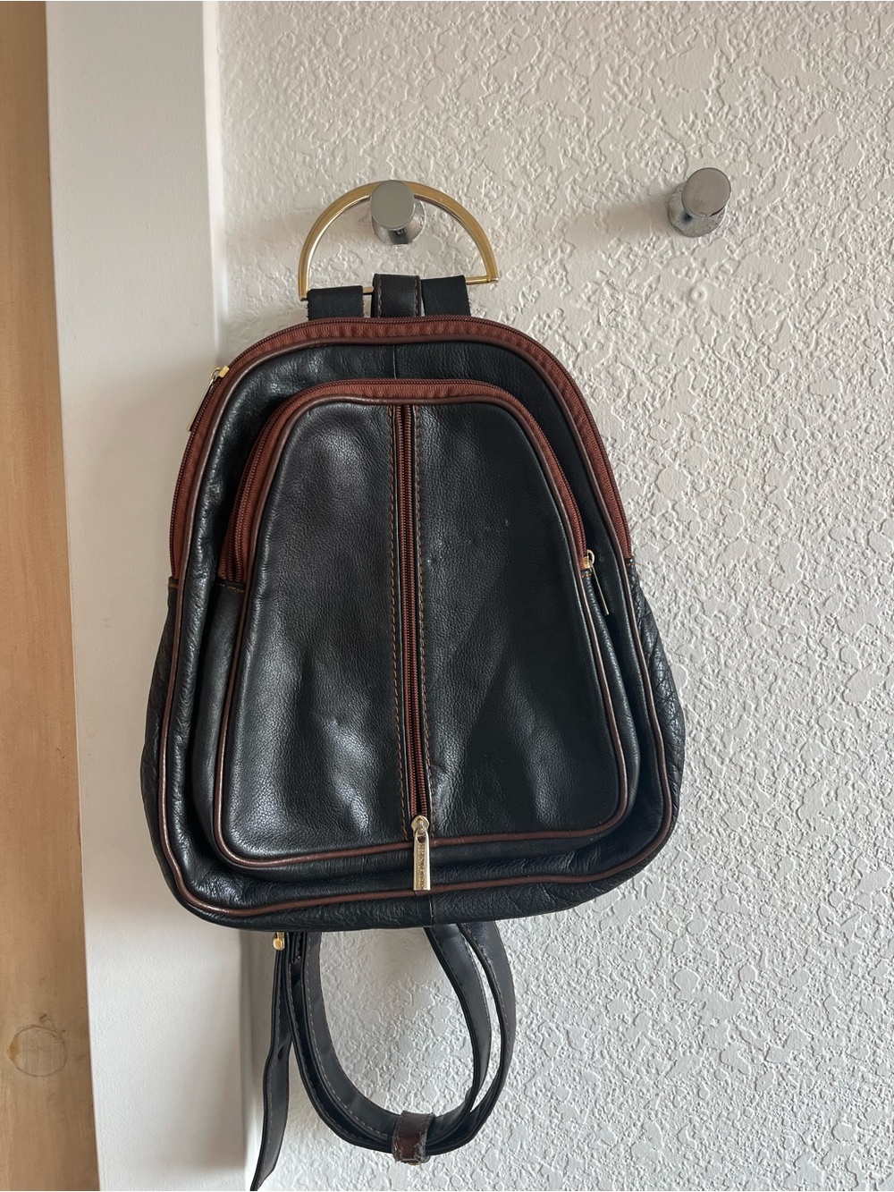 Black and Brown Leather Shoulder Bag with Gold Accent